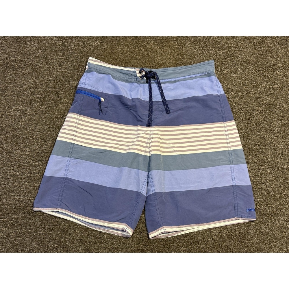 Patagonia Shorts Mens 34 Blue Stripe Boardshorts Swim Trunks Zipper Pocket Tie